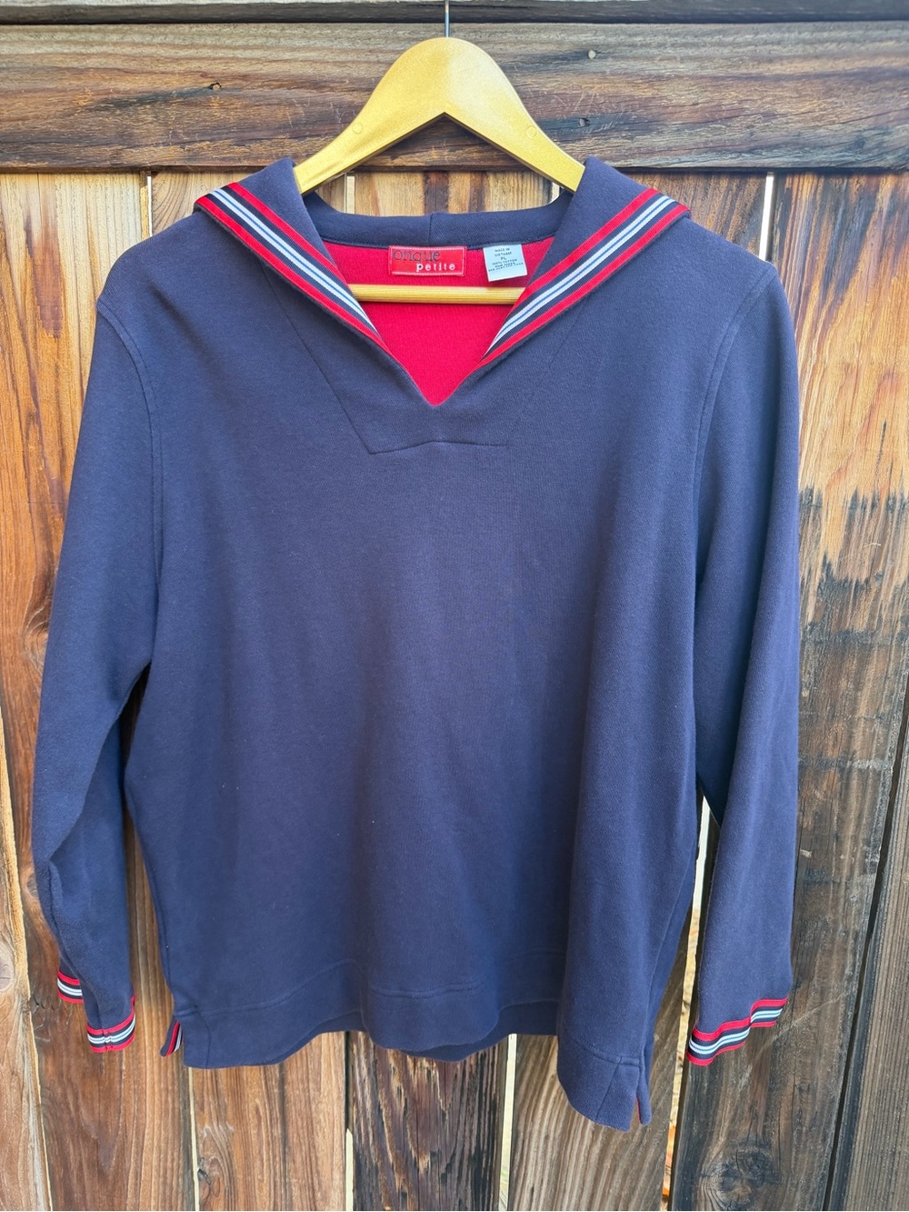 Vintage Onque Petite Navy Blue Sailor Flap Collar Sweatshirt Nautical PL